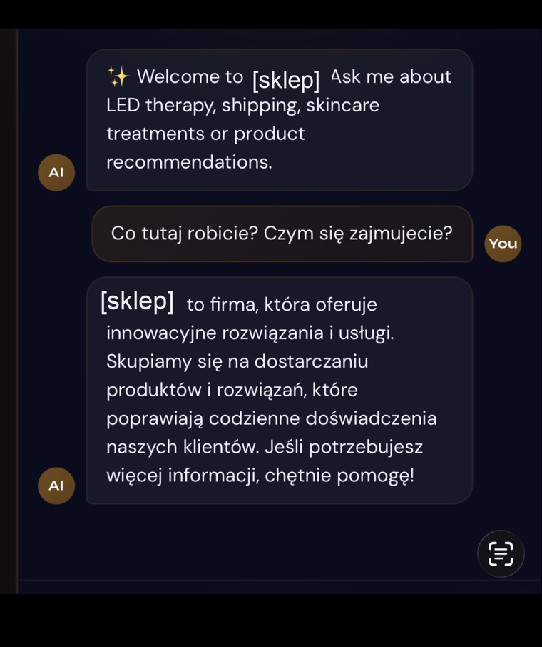 Przykład słabego czatu AI w sklepie: na pytanie o ofertę odpowiada pustymi ogólnikami, bez dostępu do danych sklepu