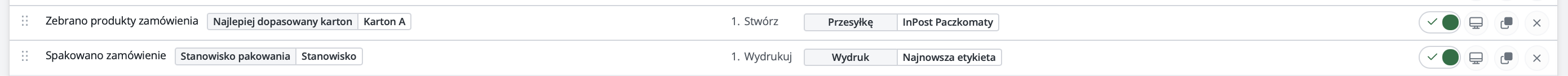 Dwie akcje automatyczne w BaseLinkerze: Zebrano produkty zamówienia → Stwórz przesyłkę InPost Paczkomaty oraz Spakowano zamówienie → Wydrukuj najnowszą etykietę