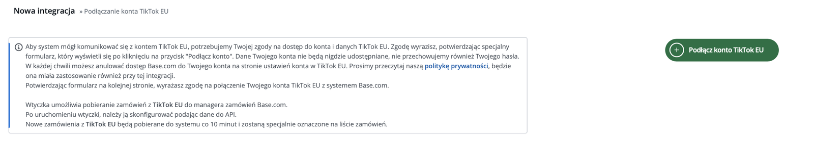 Panel BaseLinker — podłączanie konta TikTok EU w sekcji Nowa integracja, z przyciskiem „Podłącz konto TikTok EU