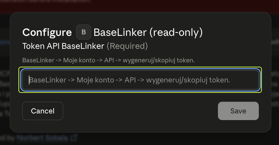 Okno Configure z polem na token API BaseLinker